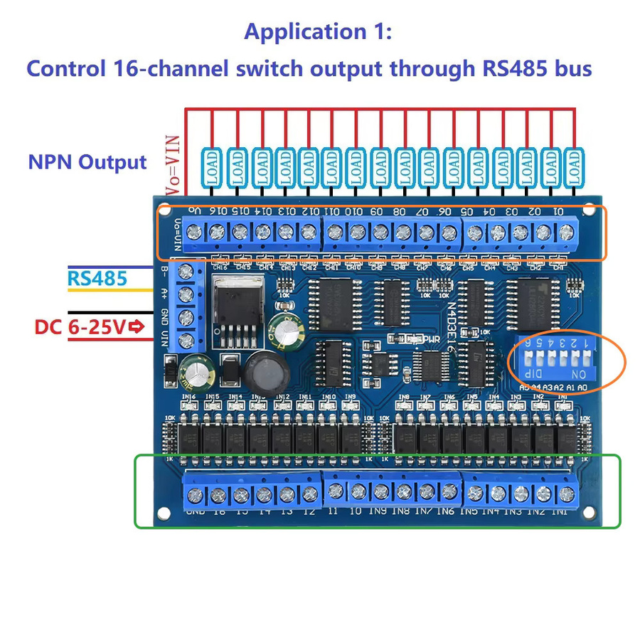 Gaqqee RS485 SPS IO-Erweiterungsplatine mit Modbus RTU Modul, 16-Eingang 16-Ausgang Fernschalter für Smart Home, Blau, DC 12V/24V - Bild 2