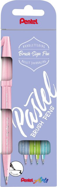 Pentel Brush Sign Pen Set in Pastellfarben mit Brush-Spitze, Mehrfarbig (Blassrosa, Azurblau, Hellgrün, Blaugrau) - Bild 1