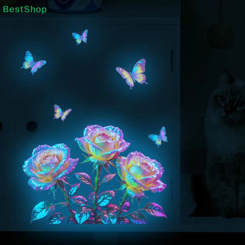 HNKMP Leuchtender Wandaufkleber mit Rosen und Schmetterlingen für das Badezimmer, Multicolor, Unregelmäßige Form - Bild 2