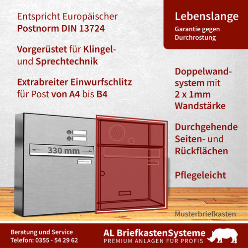 AL Briefkasten für 2 Parteien aus Edelstahl in Silber, B/H/T: 76,8 x 45,6 x 11,6 cm - Bild 2