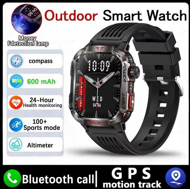 Militär-GPS-Smartwatch für Herren mit Taschenlampe, Kompass und Bluetooth-Anruf, wasserdicht, Farbe: Schwarz mit weißem Silikonarmband - Bild 1