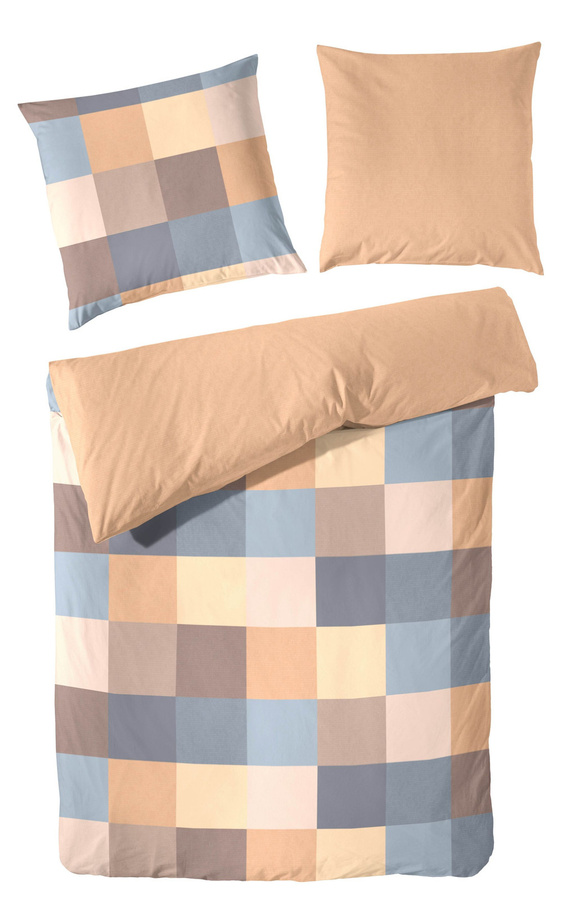 Primera Edelflanell Bettwäsche Karo Wende Sand Ocker Grau Blau, B/T/H: 135 x 200 cm mit Kissenbezug 80 x 80 cm - Bild 1