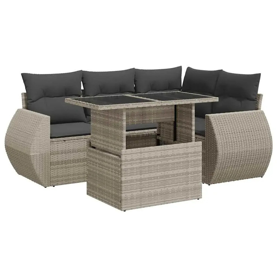 vidaXL 6-teilige Garten-Sofagarnitur in L-Form mit Kissen und Couchtisch, Hellgrau, Poly-Rattan und Metallrahmen - Bild 2