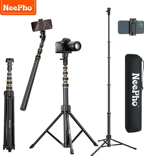 NeePho Multi-Winkel Gimbal NP-688 Ultraleichtes Aluminium-Stativ Selfie-Stick für Kamera und Smartphone in Schwarz, Höhe: 210 cm - Bild 1