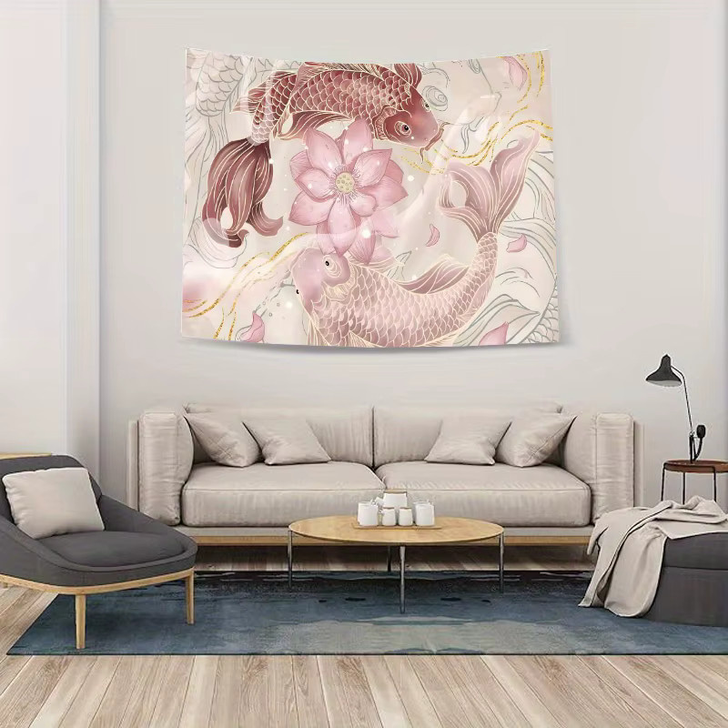 VIKAMA Wandteppich mit Koi-Fischen und Lotusblumen in Rosa und Gold, orientalischer Textildruck für Wohnzimmer und Teeraum, Breite: 100 cm, Höhe: 60 cm - Bild 2