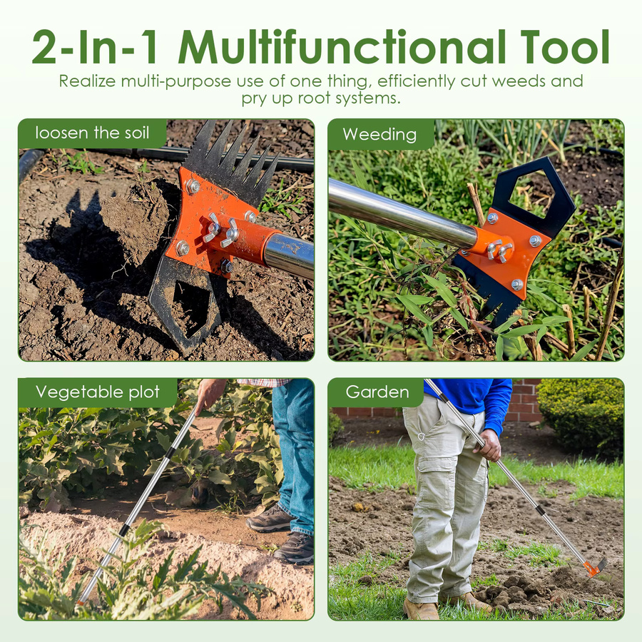 Adifare 2-in-1 Gartenhacke und Unkrautrechen mit verstellbarem langem Stiel, Bodenkultivator und Unkrautentferner für Garten und Rasen - Bild 4