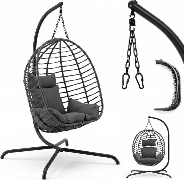 Sekey Hängesessel mit Gestell als Hängekorb aus Rattan und Metall, klappbarer Hängestuhl mit Kissen für Garten, Balkon und Indoor, Farbe: Schwarz/Grau - Bild 1