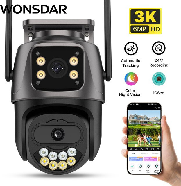 WONSDAR 3K WLAN-Außenkamera mit Doppellinse und Doppelbildschirm, PTZ IP-Sicherheitskamera mit Auto-Tracking, Zwei-Wege-Audio und HD-Farbnachtsicht, Schwarz, ICsee - Bild 1