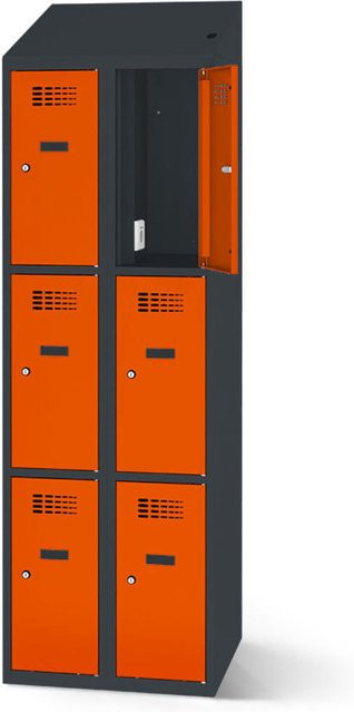 rotstahl Fächerschrank mit Ladefunktion in Orange und anthrazitgrauem Korpus, B: 60 cm, H: 200 cm - Bild 1