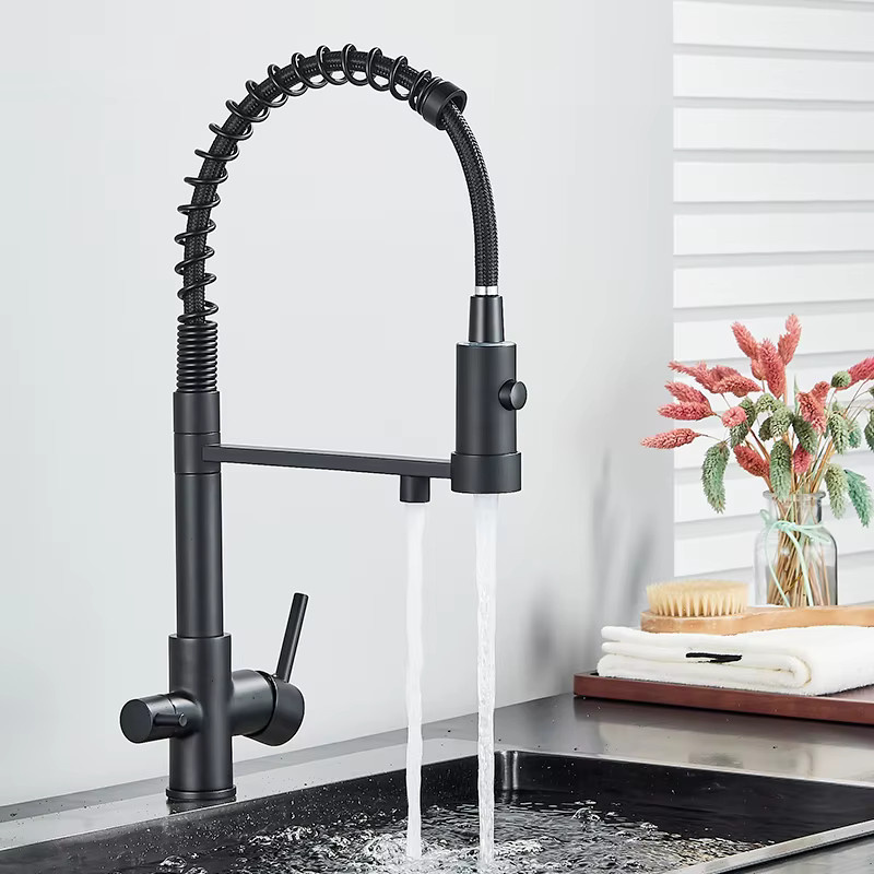 Quyanre Küchenwasserhahn mit Doppelauslauf und Filtermischer in Matt Schwarz - Bild 2