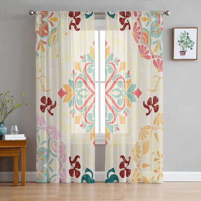 Super Six Transparenter Tüll-Fenstervorhang mit Persischem Vintage-Geometrie-Muster in Weiß und Multicolour, B: 135 cm, H: 114 cm - Bild 1