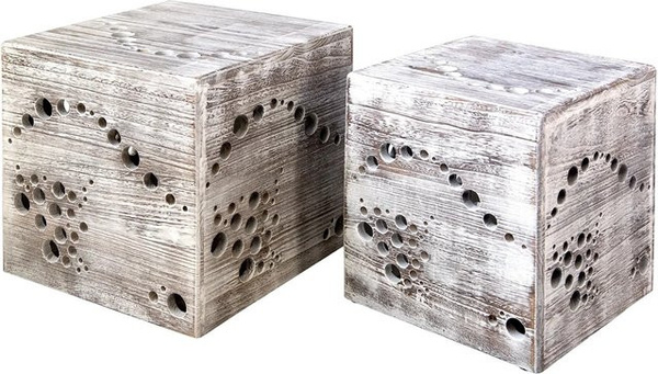 Homestyle4u 2er Set Hocker Beistelltisch aus Holz in Grau im Vintage Design mit kreisförmigem Muster, B/T/H: 45 x 45 x 45 cm