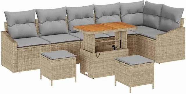 vidaXL Garten-Sofa-Set aus Polyrattan in Beige, 9-teiliges L-Shape Lounge-Set mit Kissen und Tisch - Bild 1