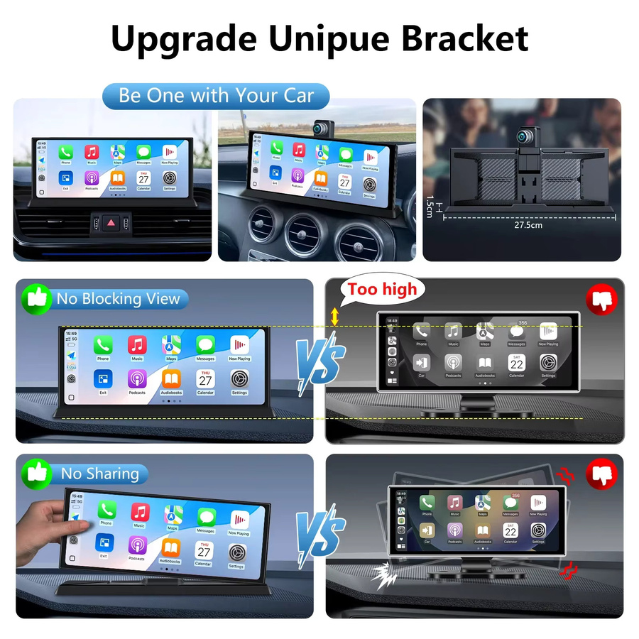 Srnubi 11,26 Zoll Touchscreen Automonitor mit kabellosem CarPlay, Android Auto, Mirror Link, GPS-Navigation und 4K Dual-Lens Dashcam Videorekorder in Schwarz - Bild 3