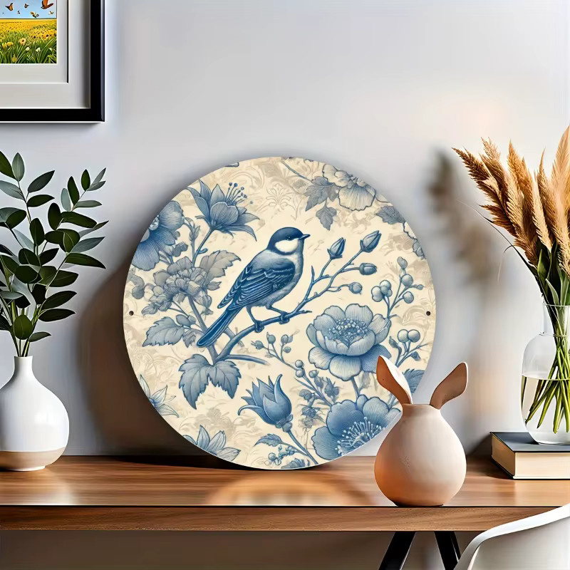 Rundes Metallschild von Potdemiel im Vintage-Stil mit blauem Blumenvogel-Design zur Wanddekoration - Bild 2