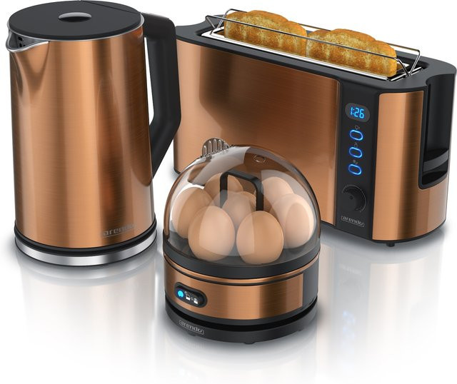 Arendo Frühstücksset aus Edelstahl in Kupfer und Silber mit Wasserkocher 1,5 l, 2-Scheiben-Toaster mit LED-Display und Eierkocher - Bild 1
