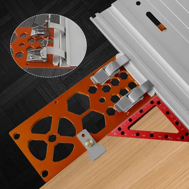 FNICEL Aluminium-Positionierungsplatte für Holzbearbeitung mit 90-Grad-Winkelanschlag und Klemme in Orange für Festool und Makita Führungsschienen - Bild 1