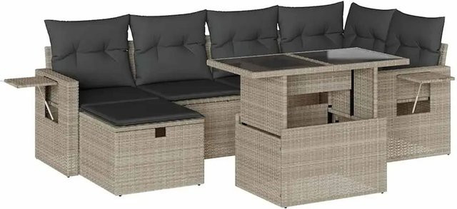 vidaXL 7-tlg. Garten-Sofagarnitur aus Poly-Rattan in Hellgrau mit Kissen und Couchtisch - Bild 1