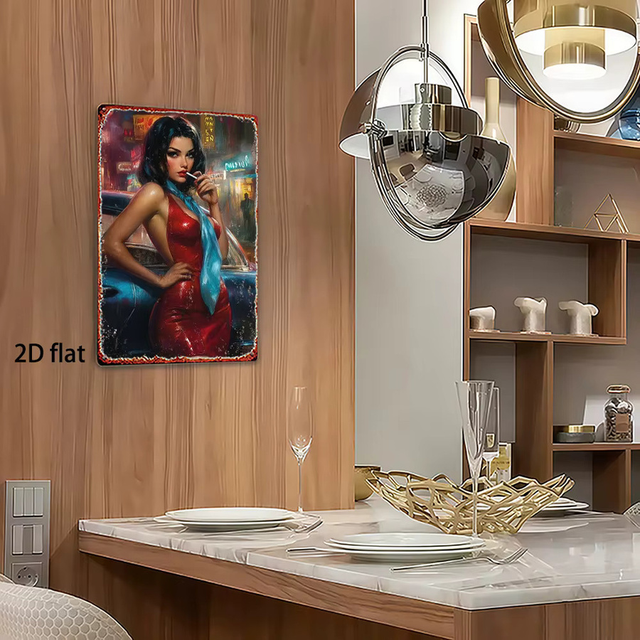 Retro Metall-Blechschild Hello Young Pin-up Girl Wandkunst Illustration in Multicolour, Rechteckig - Bild 3