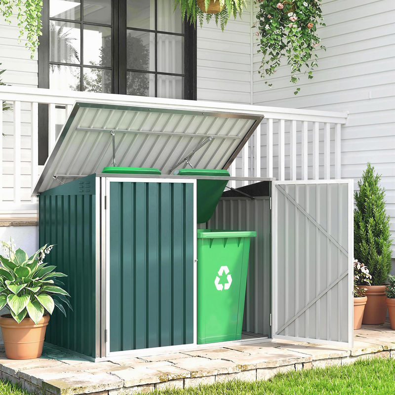 Outsunny Mülltonnenbox Müllbox Storer aus Stahl mit Doppeltür und Deckel für 2 Mülltonnen, Grün, H: 179,5 cm, B: 108 cm, T: 129,5/113 cm - Bild 2