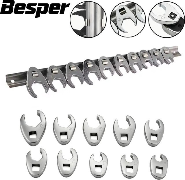 Besper 10-teiliges Crowfoot-Schraubenschlüssel-Set mit 3/8 Zoll Antrieb, metrischer Mutternschlüssel-Werkzeugsatz 10–22 mm, Farbe Silber - Bild 1