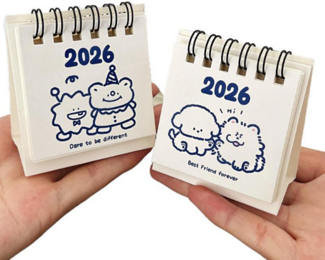 Mini-Kalender 2026 mit Ständer, niedlicher Cartoon-Tagesplaner für Büro und Zuhause, Weiß - Bild 1