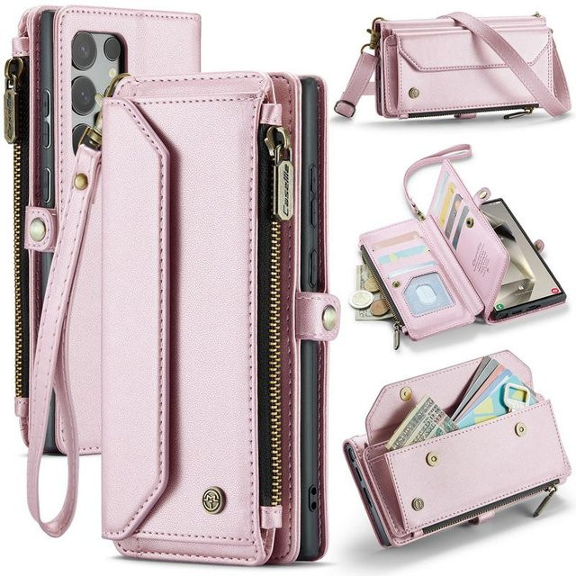 Luxus Lederhülle für Samsung Galaxy S24 FE S23 Ultra S22 S21 S20 und weitere Modelle mit Umhängeband, Reißverschluss und Kartenfach in Rosa - Bild 1