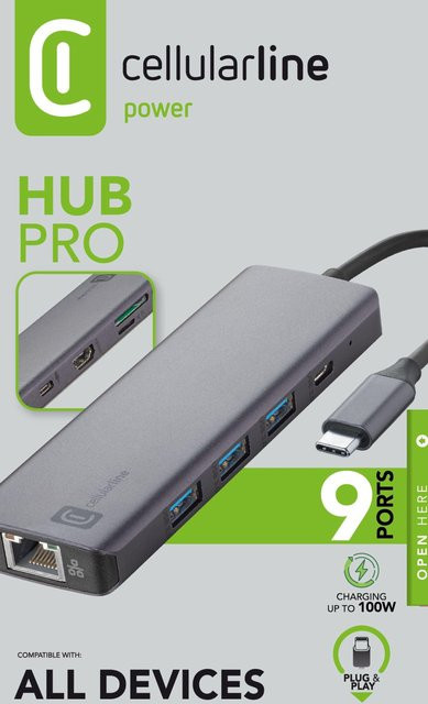 CellularLine 9 Port HUB PRO Black 61180 mit USB-C, USB-A, HDMI 4K UHD und Ethernet/LAN - Bild 1