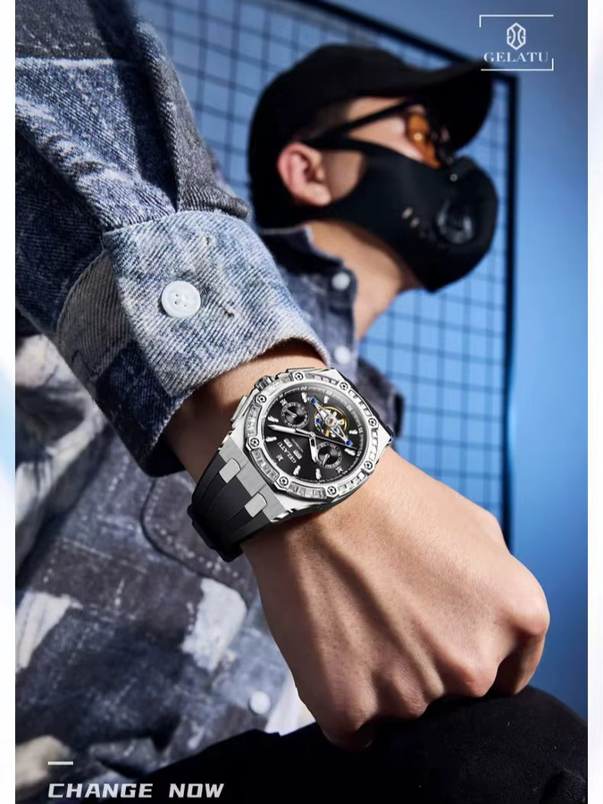 GELATU Armbanduhr, Automatik, Diamantbesetzt, Mondphase, Silikon, Herren - Bild 7
