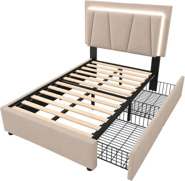 okwish Polsterbett Beige mit höhenverstellbarem Kopfteil und Schubladen für Kinderzimmer und Schlafzimmer B/T/H: 90 x 200 x 112 cm - Bild 1
