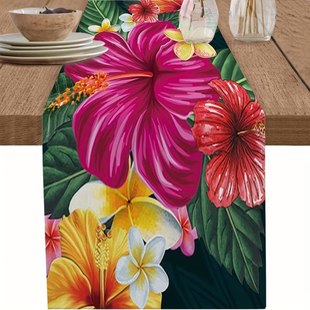 JMG Household Supplies Tischläufer aus Leinen mit Sommer Hibiskus und tropischen Palmenblättern, Mehrfarbig, Breite: 150 cm, Tiefe: 33 cm - Bild 1