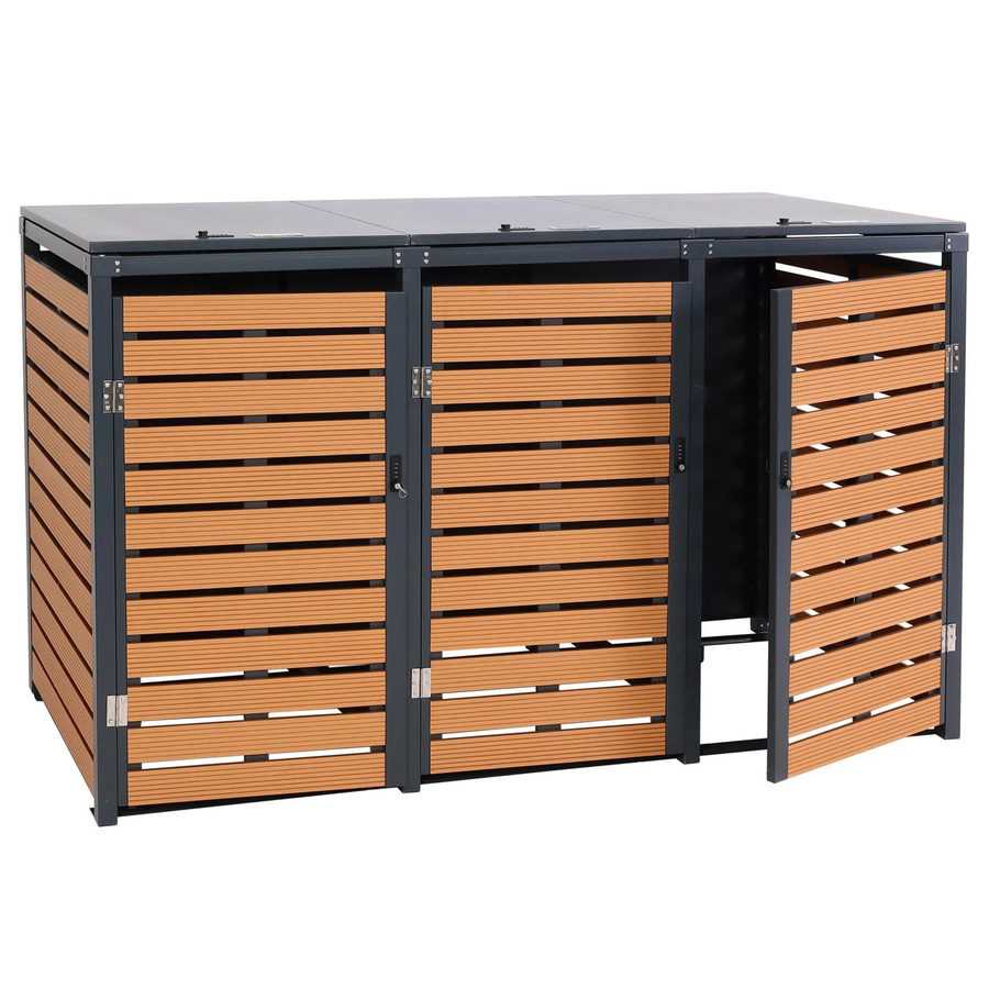 MCW 3er Mülltonnenverkleidung K14 Mülltonnenbox aus WPC und Metall in Teak-Optik B/T/H: 119 x 205 x 84 cm - Bild 3