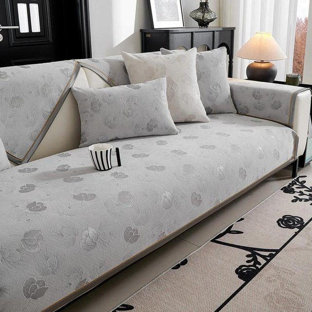 Rutschfester Chenille Sofabezug in Jacquard-Optik für dein Sofa, Grau, Breite: 70 cm, Breite: 70 cm - Bild 1