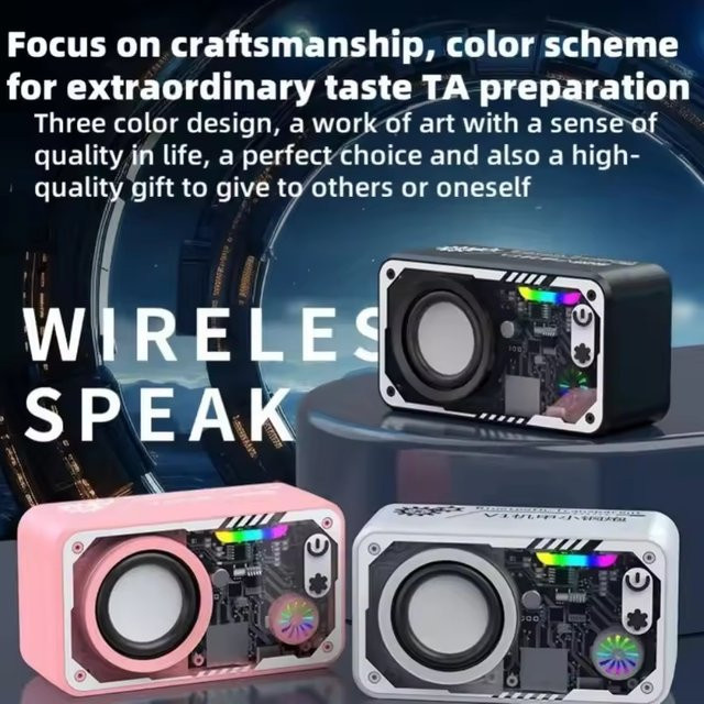 BINNUNE Mecha V1 Kabelloser Bluetooth 5.3 Lautsprecher in Pink mit Licht-Rhythmus-Subwoofer und Stereo-Sound für Outdoor-Einsätze sowie TF-Karten-Unterstützung, Transparent - Bild 1