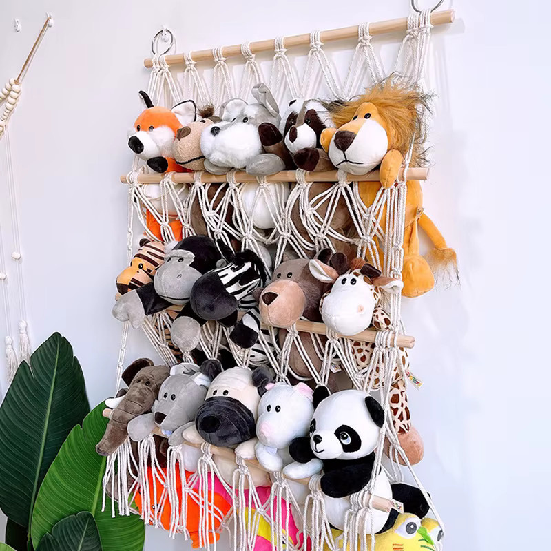 Meltset Spielzeug-Aufbewahrungsnetz im böhmischen Stil, 3-lagiger Wand-Organizer aus Gewebe und Seil für Plüschtiere, Beige/Weiß - Bild 2