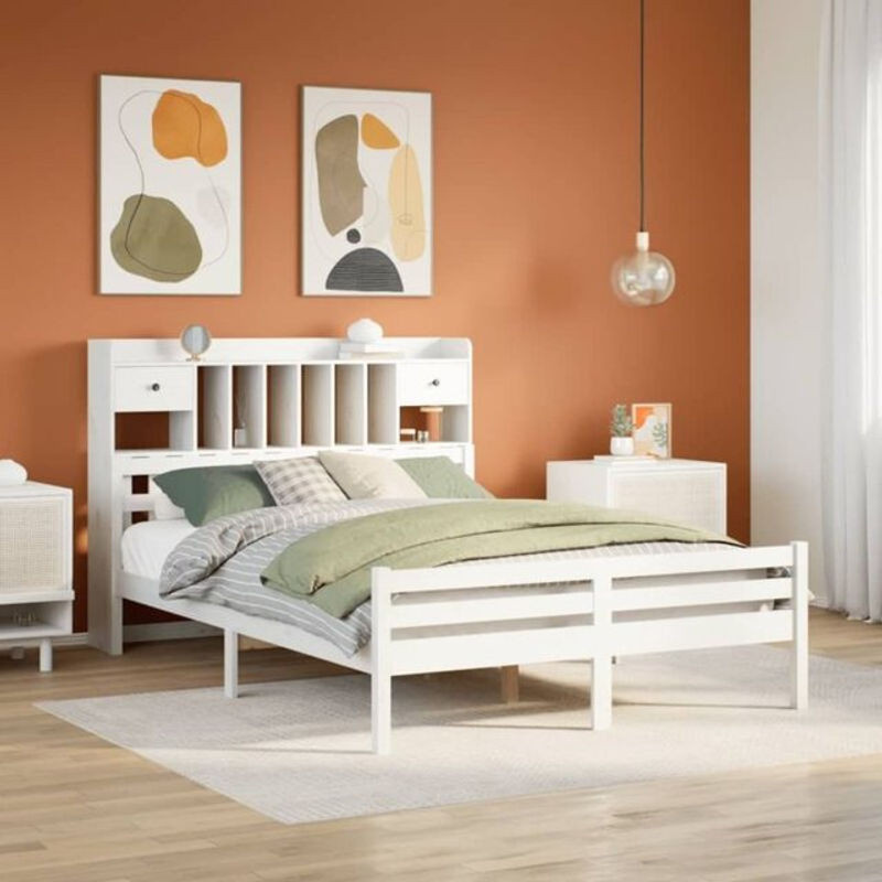 Massivholzbett Vidaxl aus Kiefer mit Regal in Weiß, B/T/H: 140 x 200 cm - Bild 1