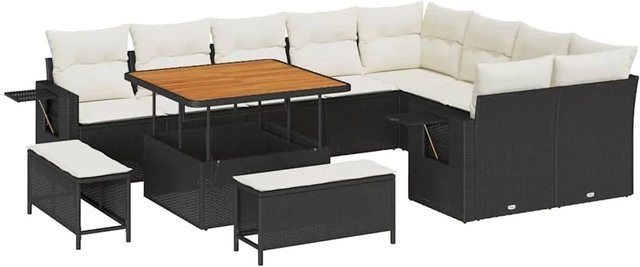 vidaXL Garten-Sofa-Set 12-tlg. aus Polyrattan in Schwarz mit beigefarbenen Polstern für Terrasse und Garten - Bild 1