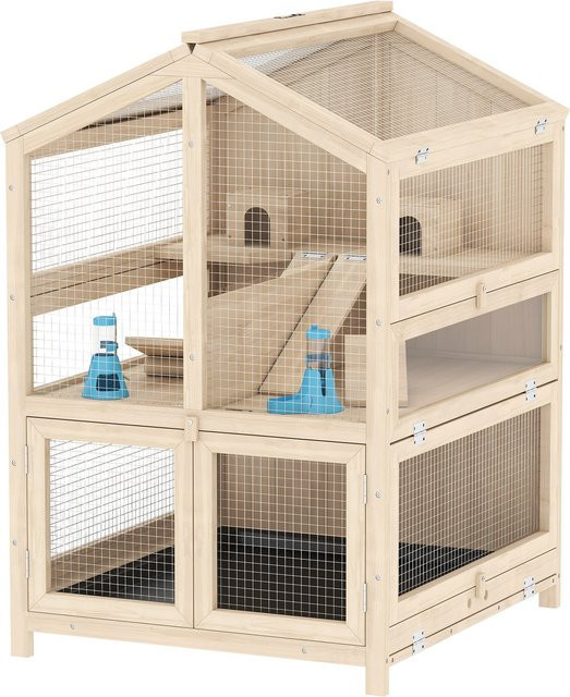 PawHut Hamsterkäfig aus Naturholz mit 3 Etagen, Nagerkäfig für Kleintiere inklusive Hütten, Wippen, Rampen und Wasserschalen, Farbe: Braun/Beige, B/T/H: 68 x 61,5 x 90 cm - Bild 1