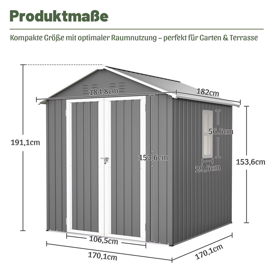GIHAUVIA Outdoor-Gartenschuppen aus verzinktem Stahl in Silber, robustes Gartenhaus mit Metallbodengestell und abschließbaren Türen, B/T/H: 185 x 182 x 191 cm - Bild 4