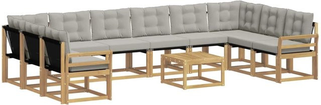 vidaXL Outdoor-Sofagarnitur in L-Form aus massivem Akazienholz mit 11 Textilene-Kissen in Weiß und Hellgrau - Bild 1