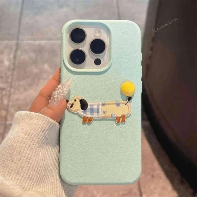 Leder-Handyhülle mit Stickerei Niedlicher Welpe und Lanyard für Apple iPhone 15 14 13 12 11 Pro Max X XR XS SE in Blau - Bild 1