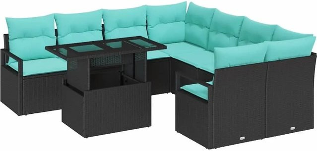 vidaXL Gartensofa-Set aus Poly-Rattan mit integriertem Speicher, 9-teilig, Schwarz und Blau - Bild 1