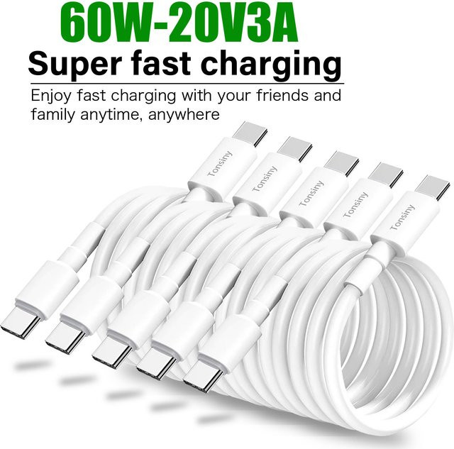 Tonsiny USB C Kabel Weiß für iPhone, iPad, Samsung und Xiaomi mit 60W PD Schnellladefunktion und 3A Ladestrom - Bild 1
