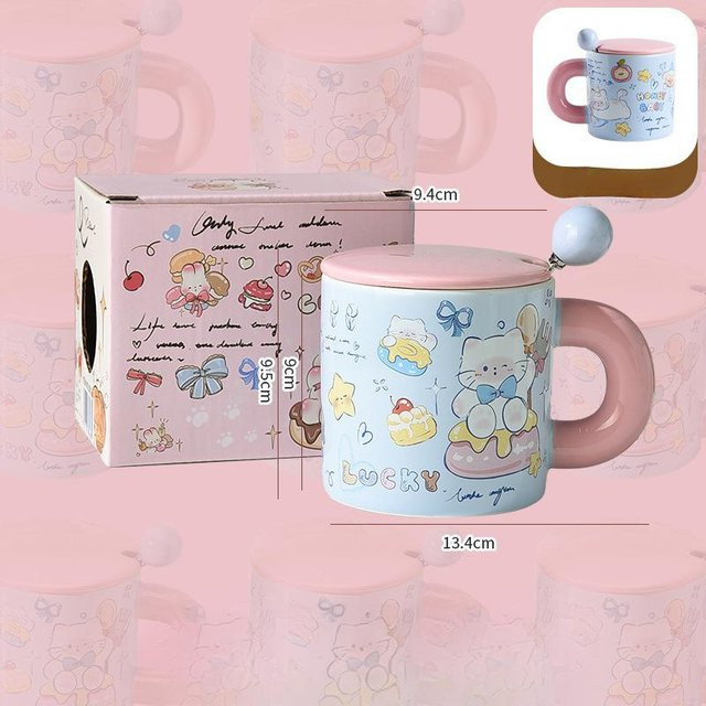 Niedliche Keramiktasse mit Butter Bär Motiv, Deckel und Löffel, Grau, 400 ml - Bild 1