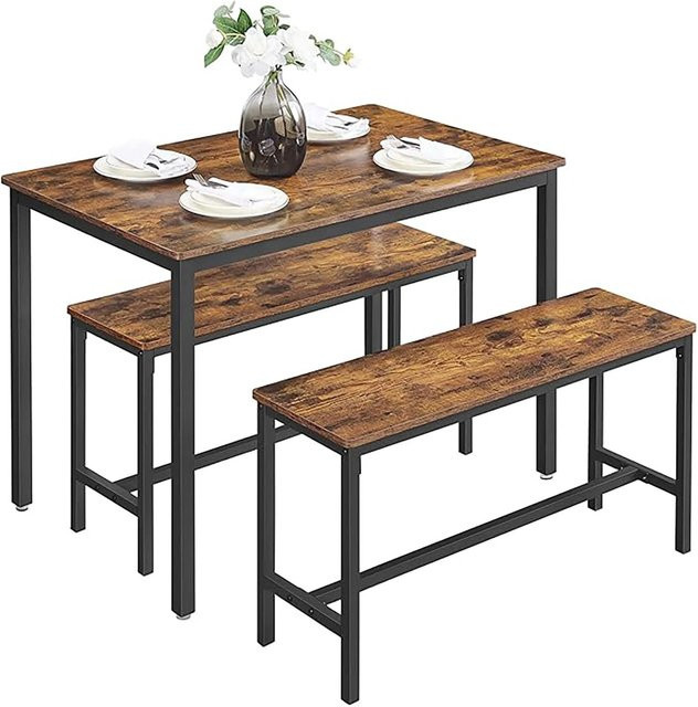 VASAGLE Essgruppe im Industrie-Design mit Küchentisch und 2 Bänken, Braun-Schwarz, B/T/H: 110 x 70 x 75 cm und B/T/H: 97 x 30 x 50 cm - Bild 2