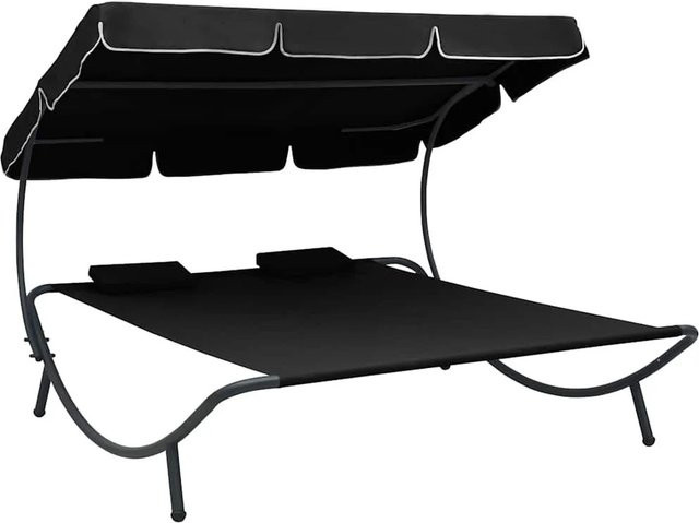 vidaXL Sonnenliege mit Sonnendach und Kissen in Schwarz aus pulverbeschichtetem Stahl und Oxford-Gewebe - Bild 1