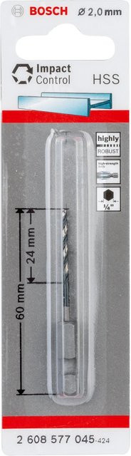 Bosch HSS-G Impact Control Spiralbohrer mit 1/4 Zoll 6-kant Schaft in Silber, Durchmesser: 2,0 mm, Spirallänge: 24 mm, Gesamtlänge: 60 mm - Bild 2