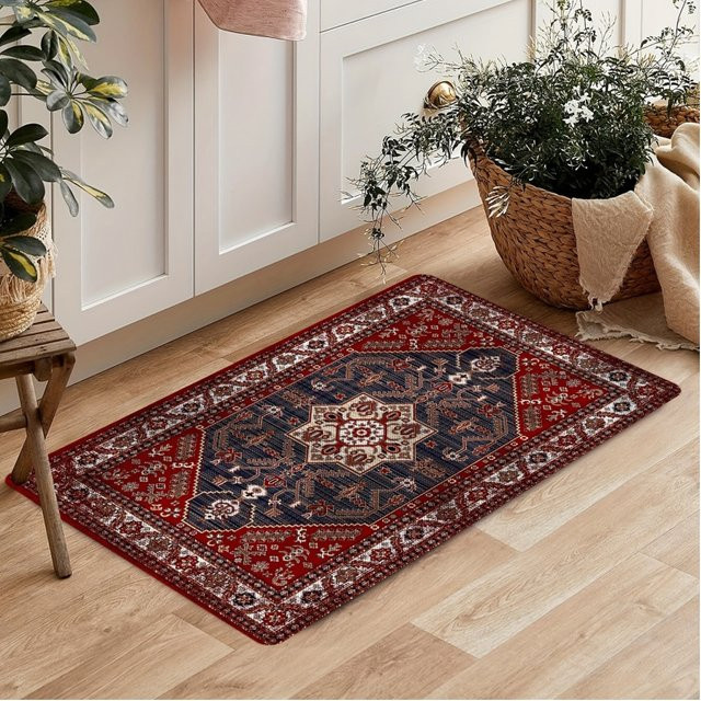 VIKAMA Vintage Perserteppich in Rot, orientalischer Teppich für Wohnzimmer und Flur, strapazierfähig und schmutzabweisend - Bild 1