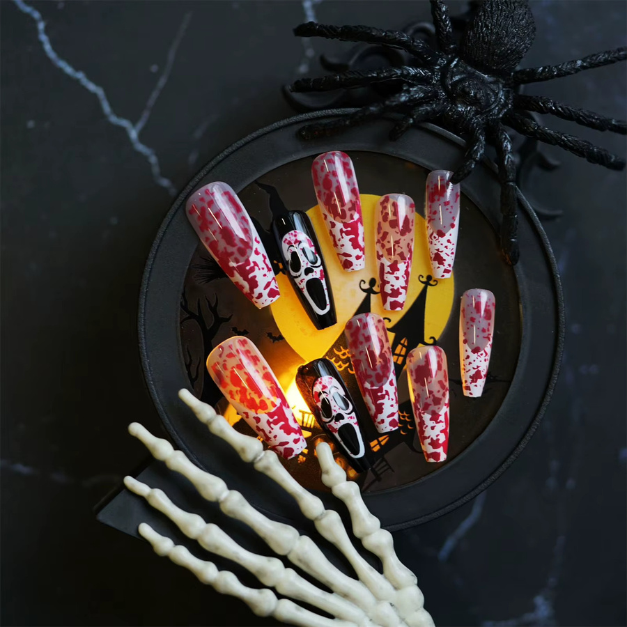 YADORNOS Falschnägel Halloween, 24 Stück, Blutfarben, Langer Sarg, Weiß - Bild 3