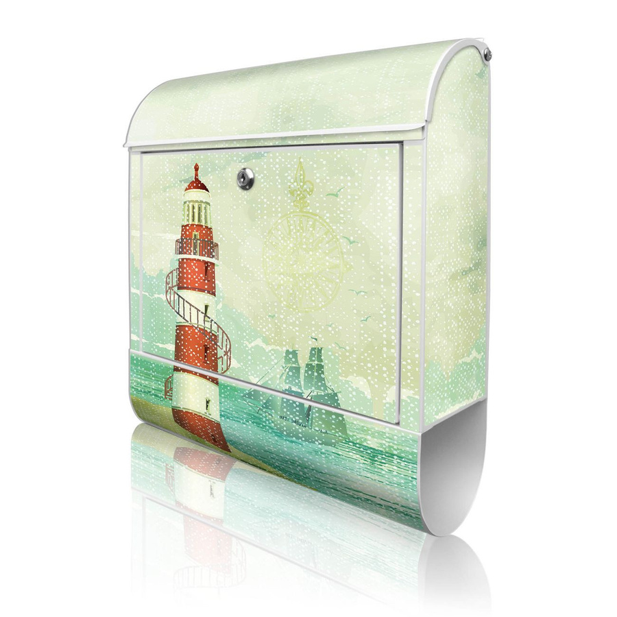 banjado Briefkasten groß weiß mit Leuchtturm-Motiv und Zeitungsfach, B/T/H: 38 x 13 x 47 cm - Bild 1